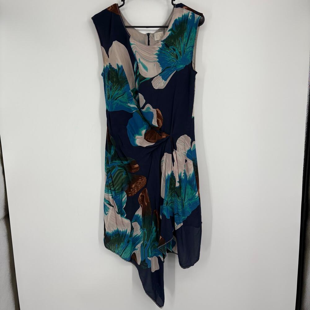 Anthropologie Silk Dress Size 6 Faux Wrap Sleeveless Lined Back Zip‎ Multicolor